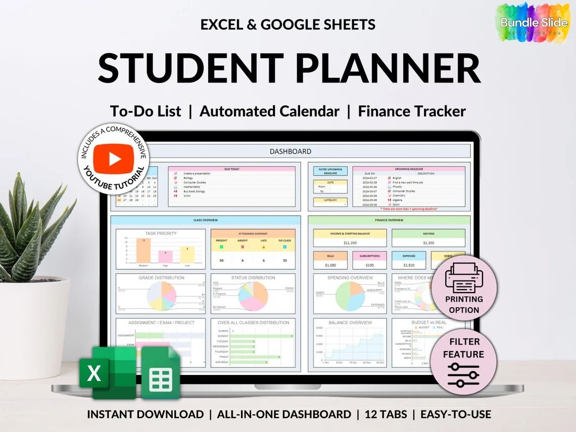 Student Planner- Assignment Tracker, Academic Planner Google Sheets Excel Task Tracker With Automated Calendar
